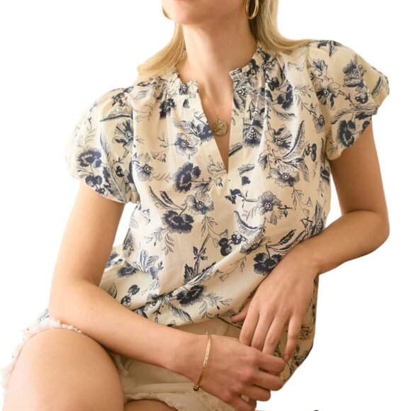 Doe and Rae floral print ruffle v-neck blouse in ivory Small - Picture 2 of 8